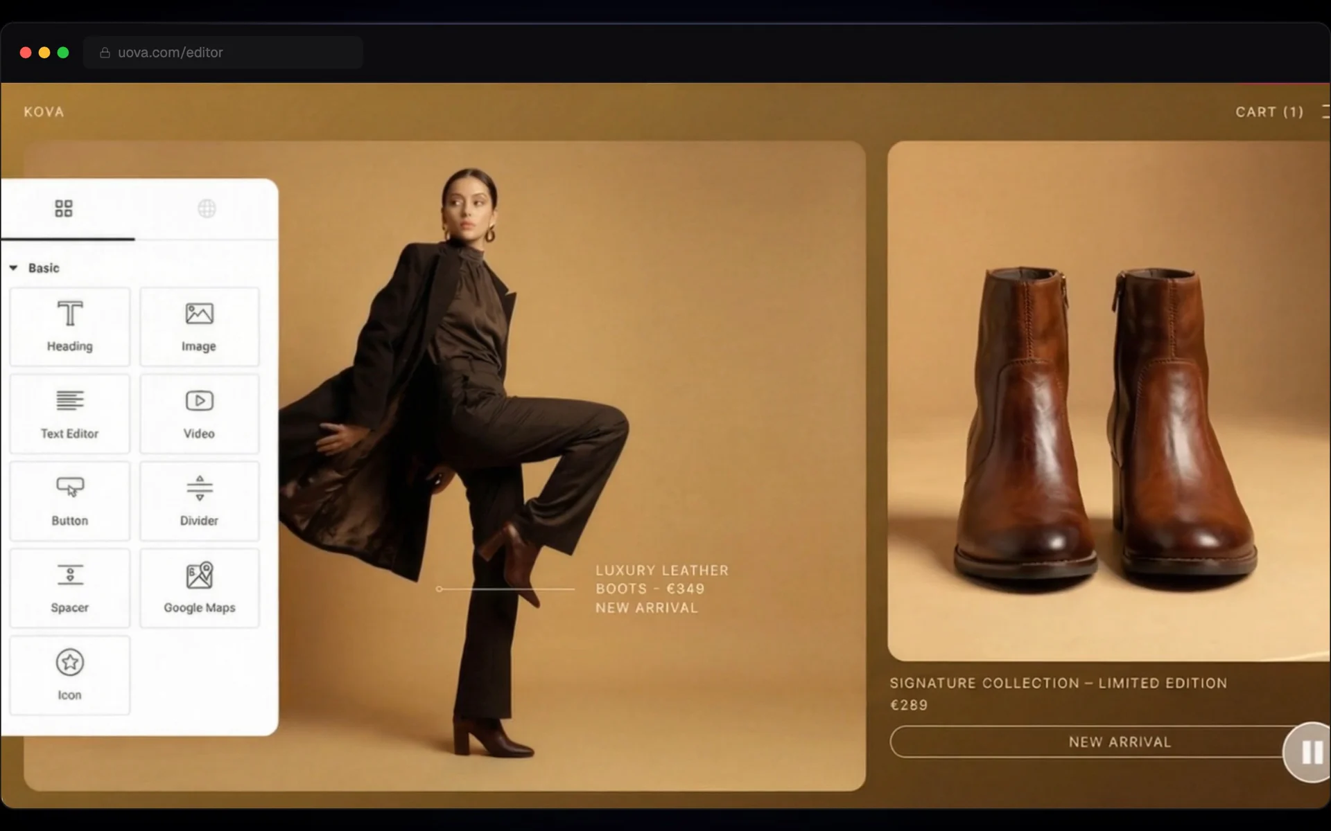UOVA recorded on uova.com: the template gallery and the editor open on a storefront